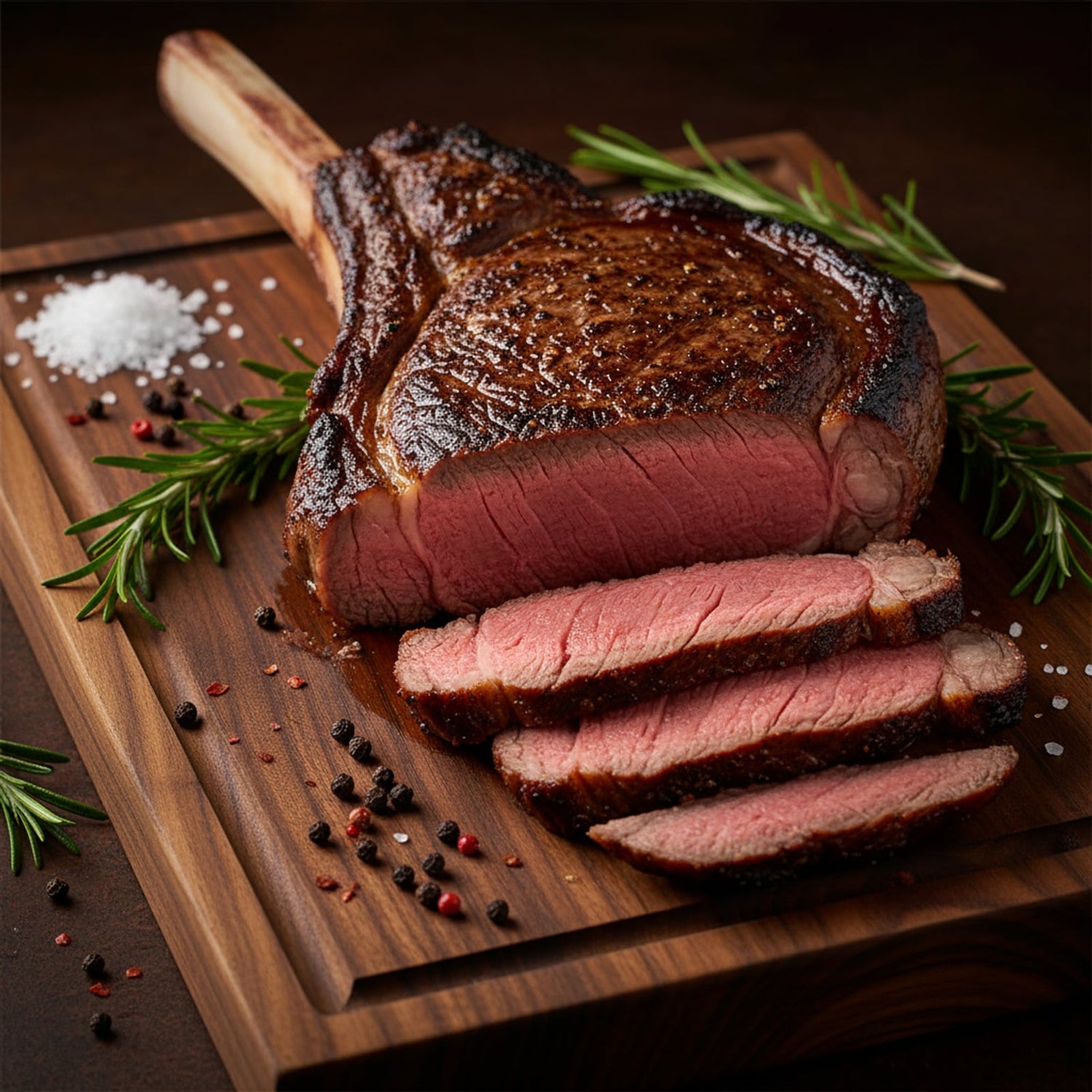 Halal Wagyu Tomahawk reverse-sear op walnut plank — halalmeat.nl